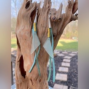 Beachglass and Aqua Leather Fringe Earrings
